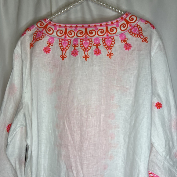 John Mark Women’s Embroidered 100% Linen Tunic Split Neck White Pink Sz 1X Boho - Picture 6 of 12